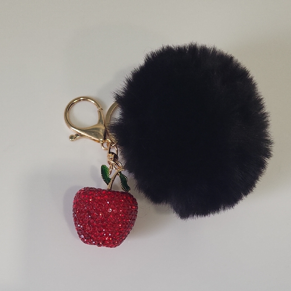 Black Pom Pom Keychain with Red Crystal Apple Charm